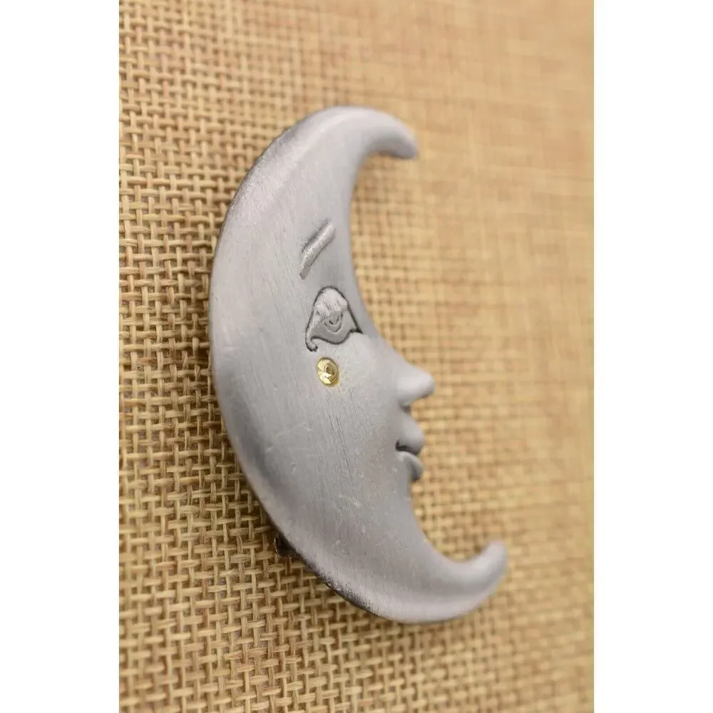 AJC Vintage Celestial Crescent Moon Pin Brooch Face Crystal Signed 1980s BinA18